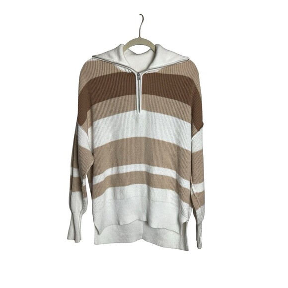 Aerie Beyond Quarter Zip Sweater Toasty Combo Tan Brown Stripe XXS Super Relaxed - Picture 2 of 5